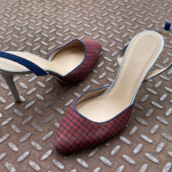 J. Crew Wonen Heel Pump Sandal Shoes Red Plaid Fabric Upper Shoes Size 7 - Picture 3 of 11